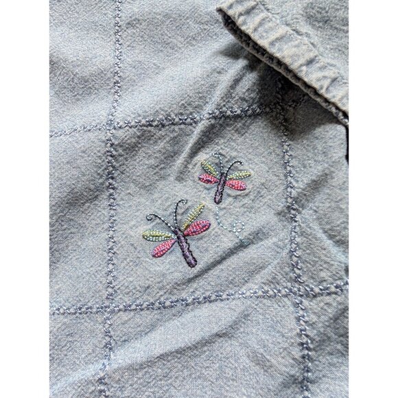 Christopher & Banks XL Denim Embroidered Button-Up Shirt Dragonflies Ladybugs - Picture 5 of 10